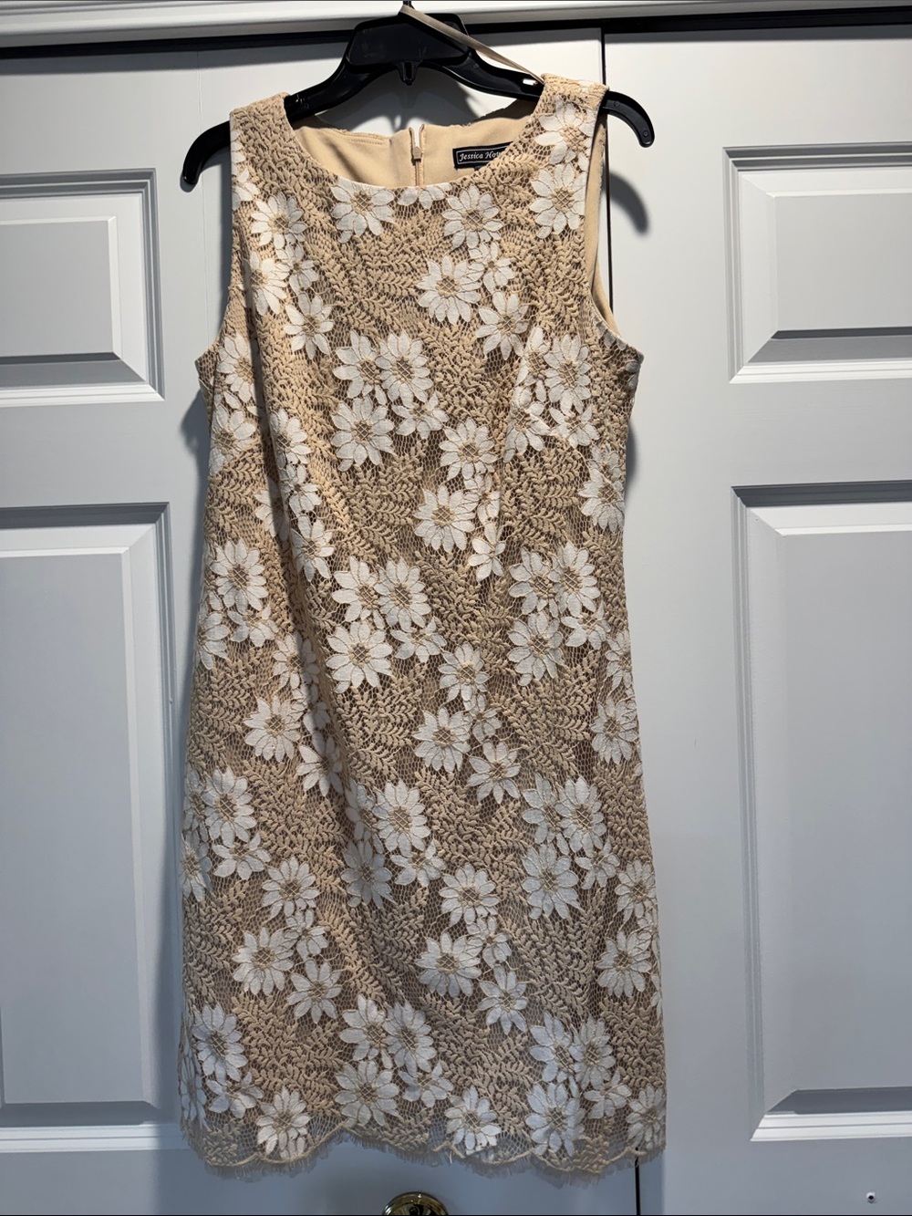 Jessica Howard Beige Dress with White Floral Lace Overlay
